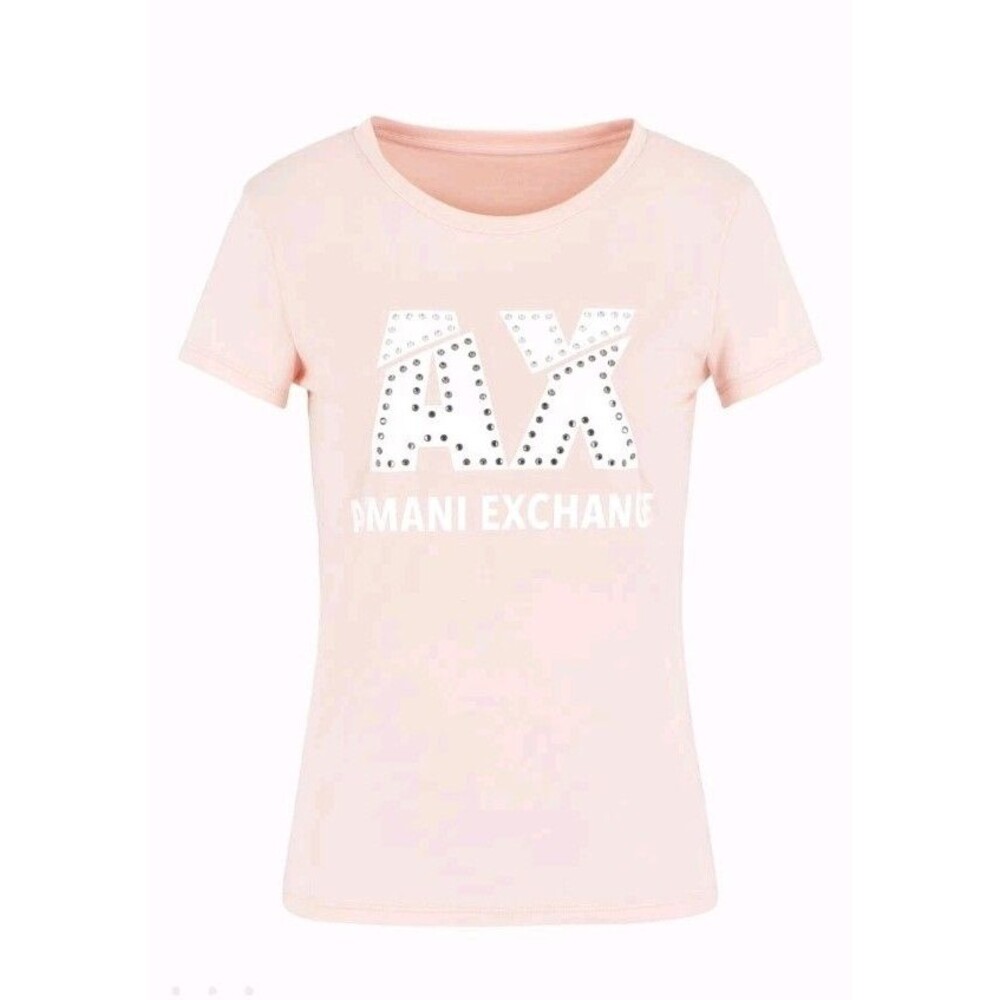 NWT Armani Exchange T-Shirt Womens M Pink Rhinestone Studded A|X Logo Slim